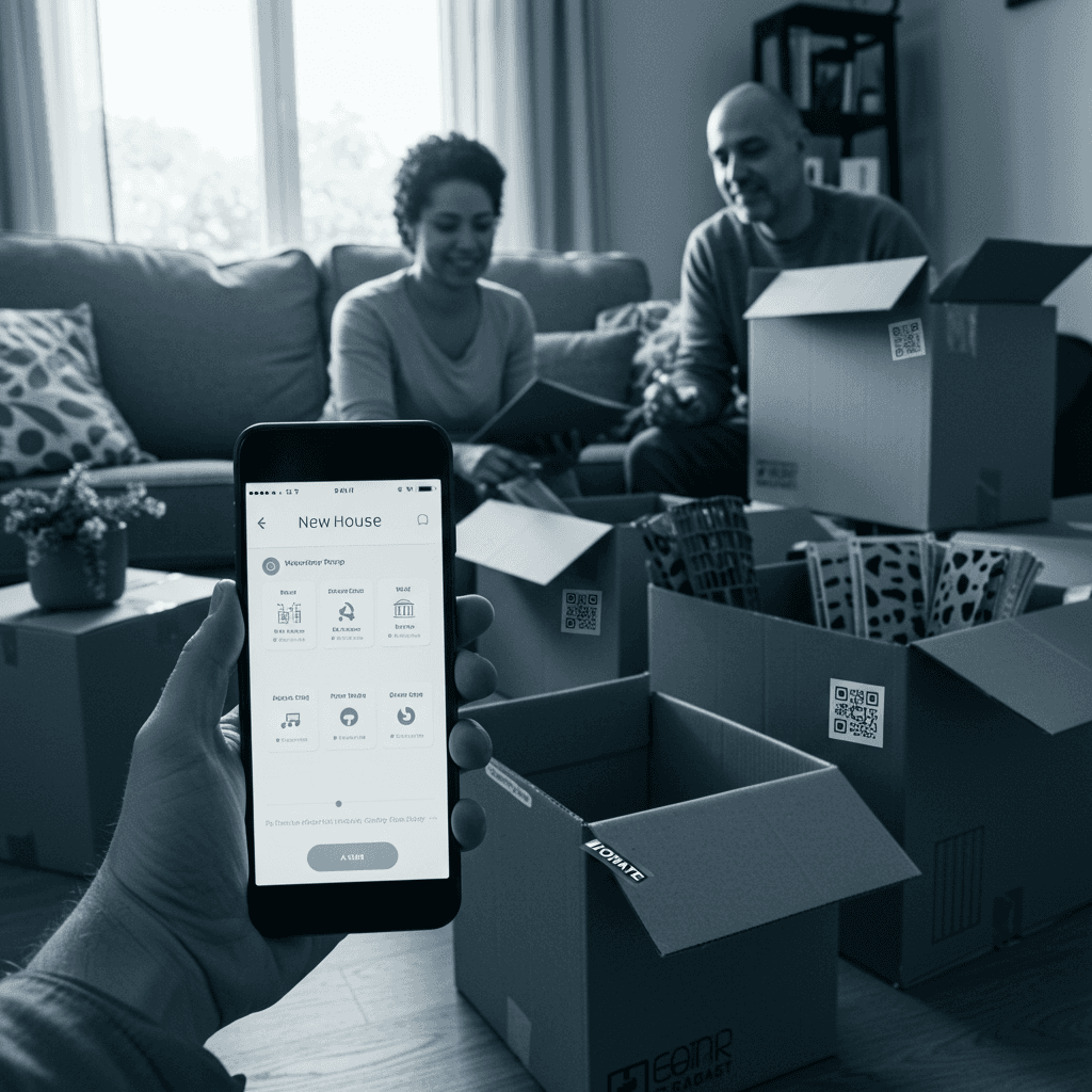 Labeled moving boxes organized by destination — new home, storage, donate