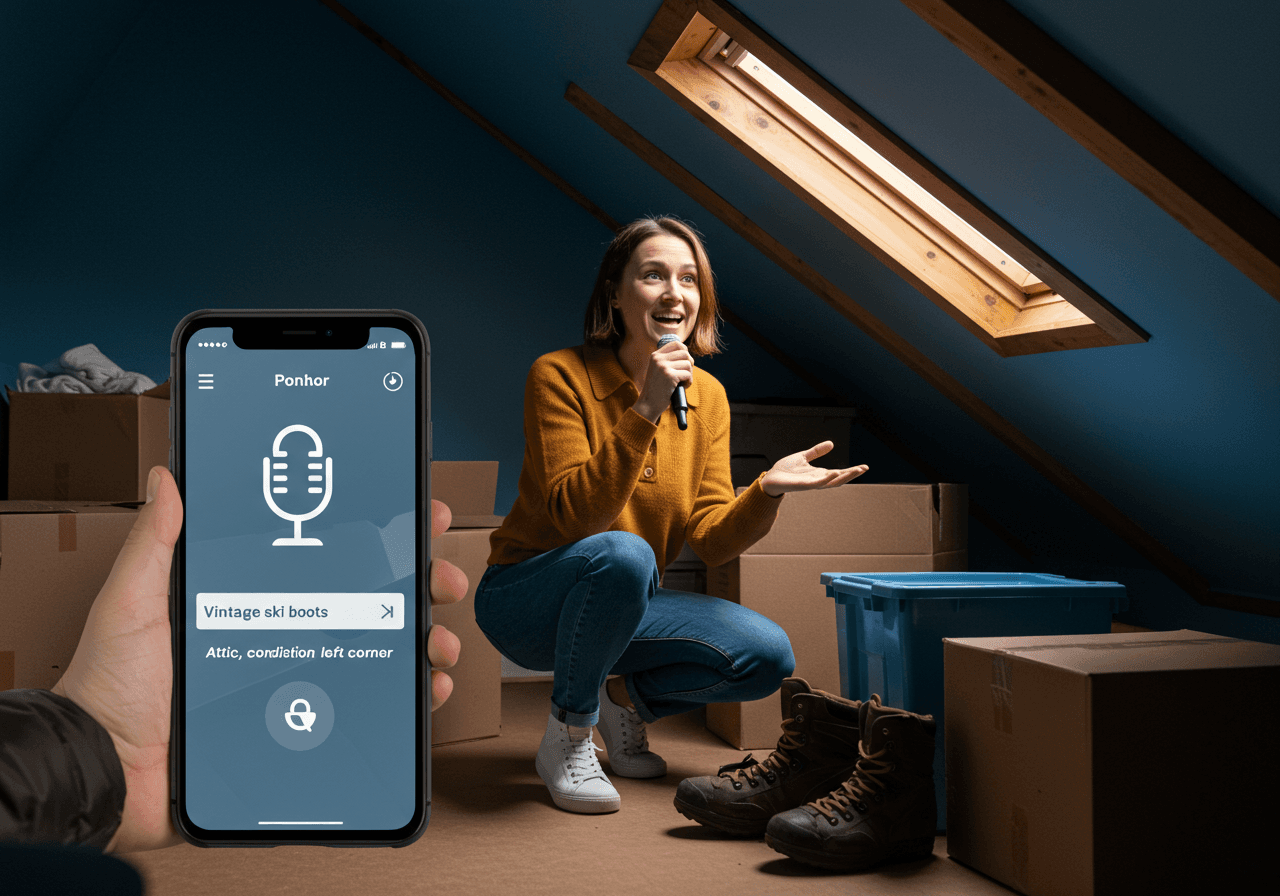 Voice cataloging in an attic — speak item details and they auto-populate